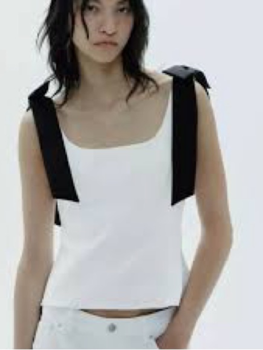 Zara White Tank Top with Black Bow-Strap Details